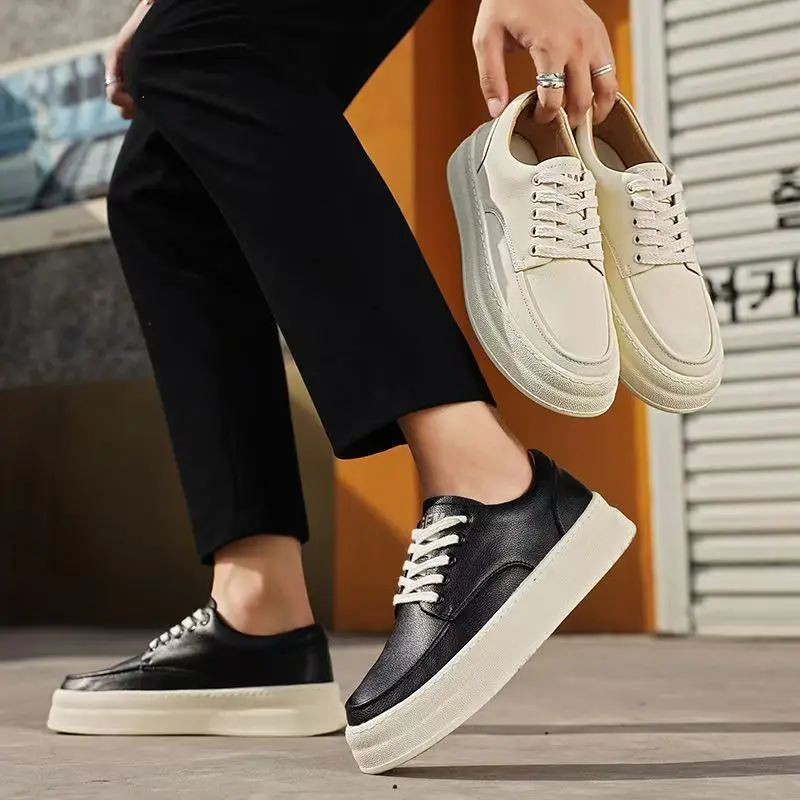 Genuine Leather Sneakers Men Casual Shoes Daily Street Syle Flat Soft Comfortable Brand Male Footwear Black White D1005