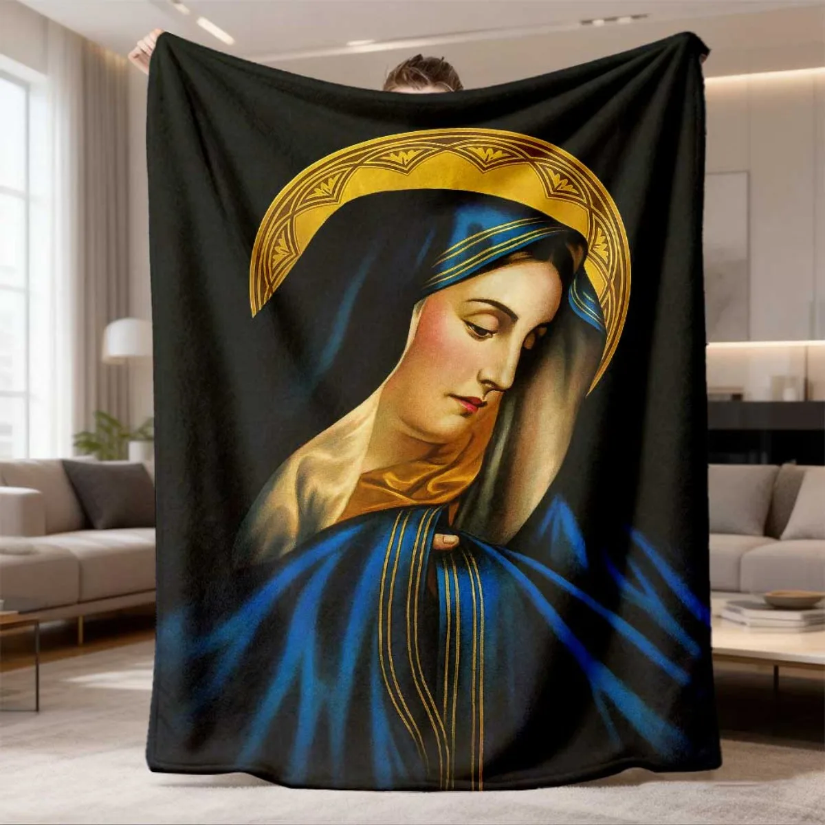 Elegant Religious Virgin Mary Madonna Art Blanket Throw Coverlet Spiritual Gothic Home Decor Gift for Church Bedside
