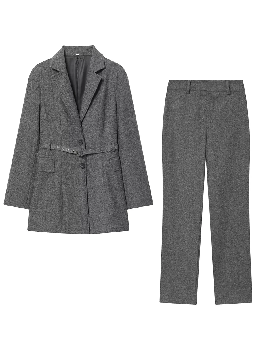 TWOTWINSTYLE – ensemble deux pièces en laine pour femmes, col cranté, ceintures épissées, manteau, taille haute, pantalon droit, costume minimaliste