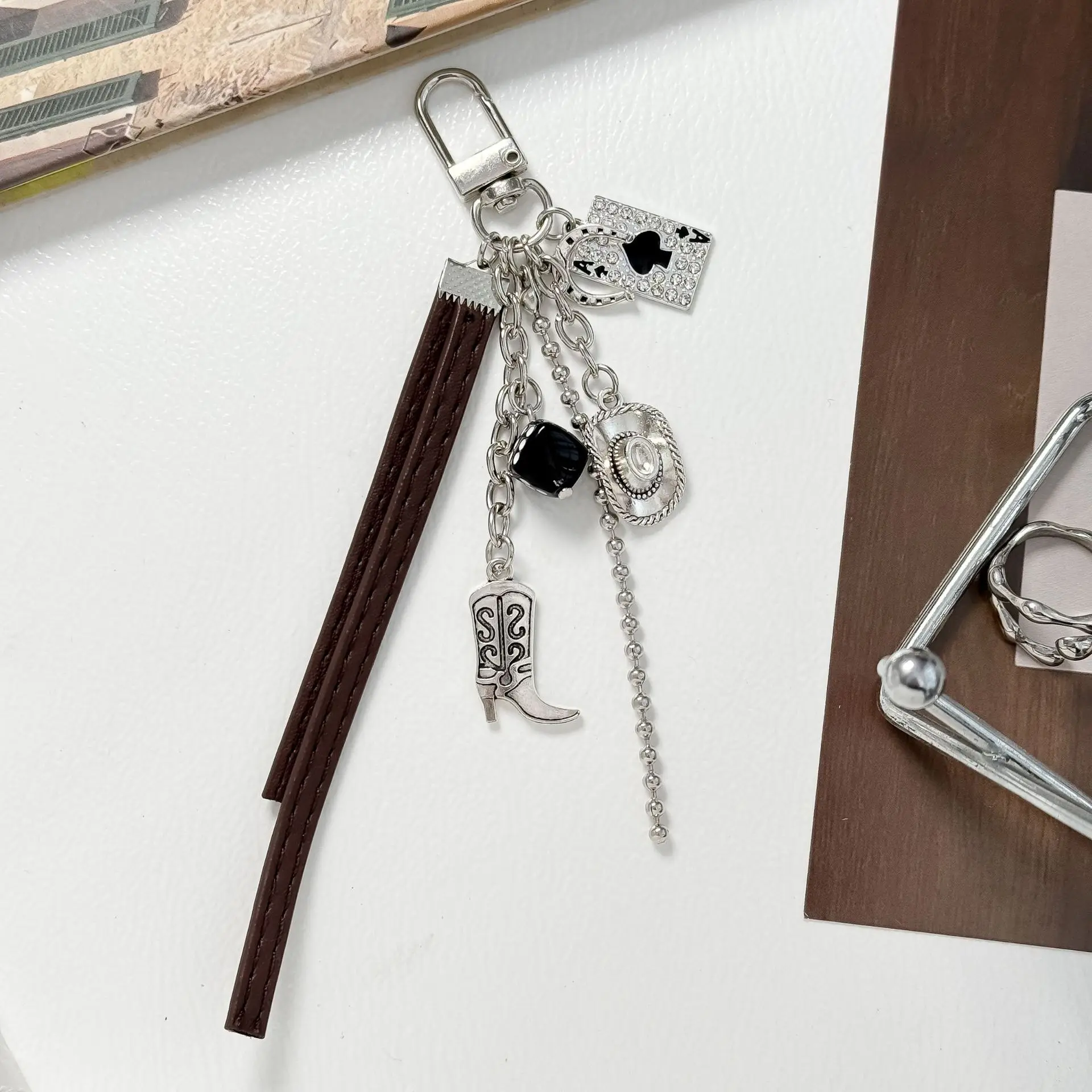 1 Piece Unique Design Keychain,Niche Subculture Bag Charm with Cowboy Boot,Spade Card & Dice,Unisex Daily Accessory,Holiday Gift