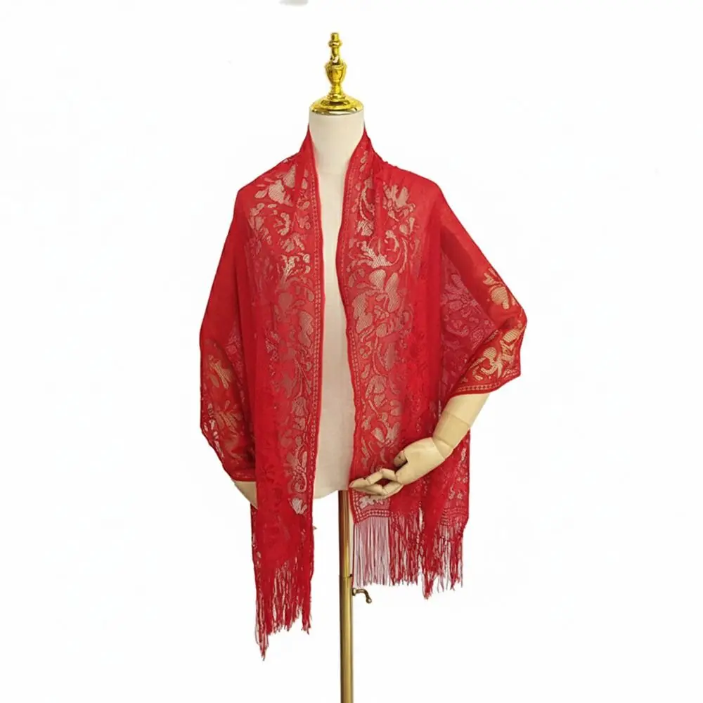 Fashion Tassel Patchwork Women Tulle Shawl V-Neck Cardigans Hollow Lace Scarf Shawl Multicolored Evening Prom Cape Party