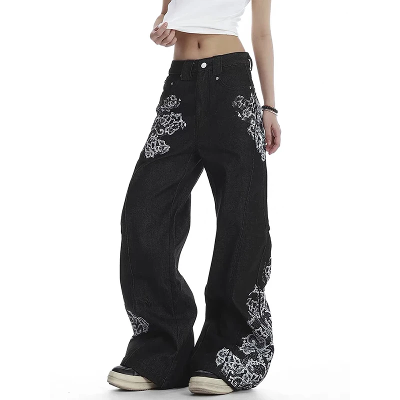 ZHIZOU American Pattern Embroidery Baggy Black Jeans Women High Street Vintage Y2K Hip Hop Fashion Casual Wide-leg Pants Autumn