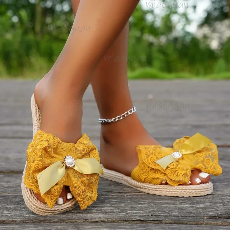 

Womens Open Toe Flat Slippers Bohemian Bow Knot Slides Beach Sandals Outdoor Sandals for Women Big Size 37 42 Chaussures Femme