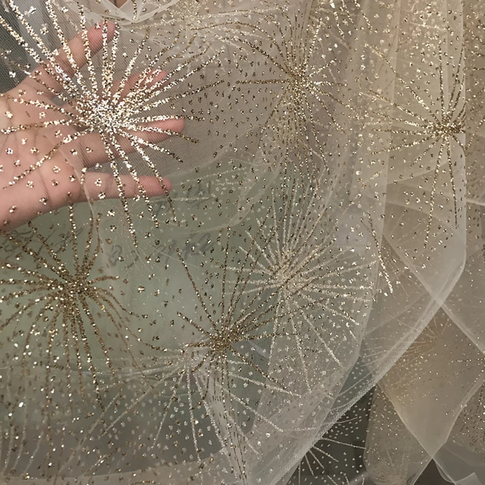 firework sequin tulle fabric Champagne Gold Bronzing Sequins Cloth white Net Dress Fabric Evening dress, costume materials