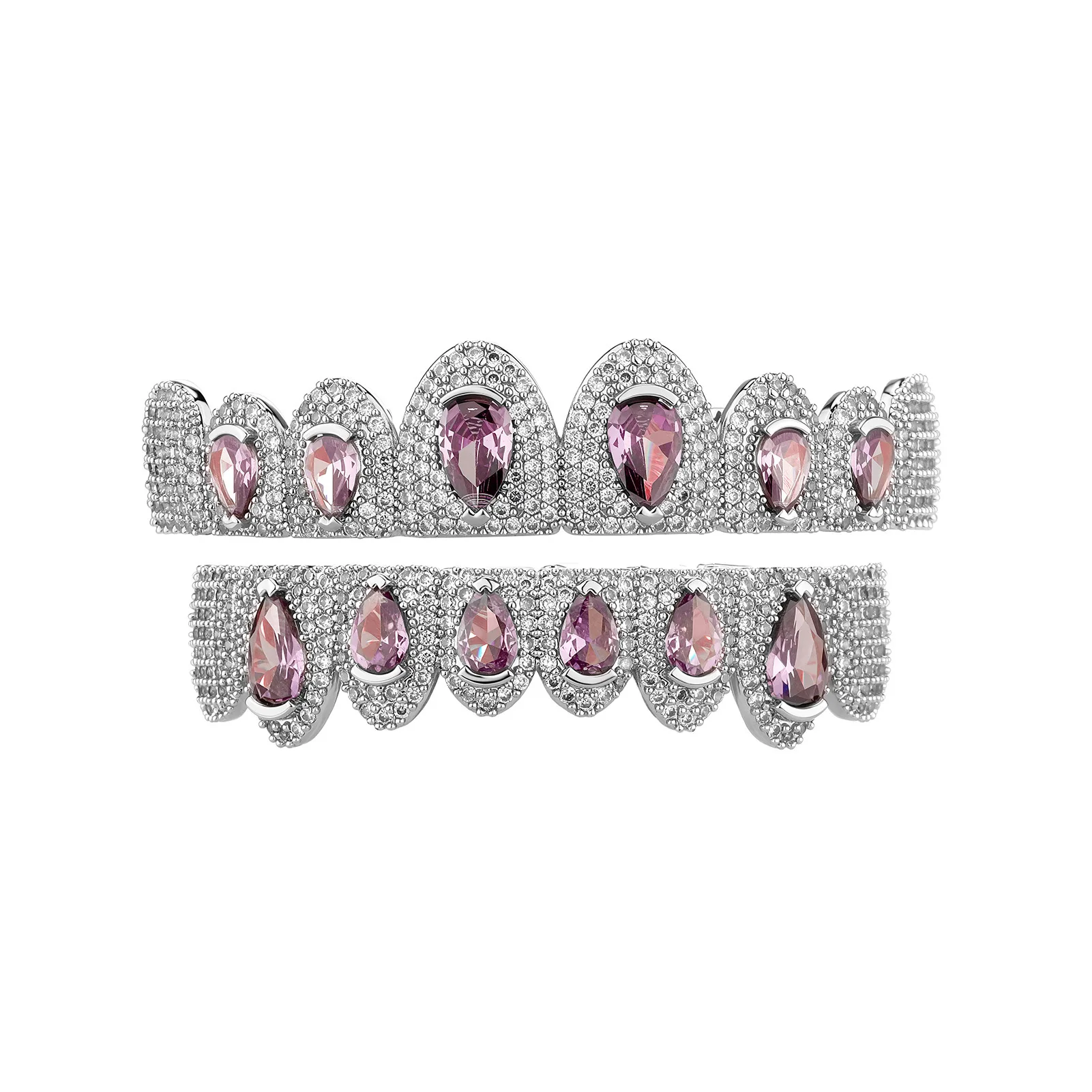 Pink Purple Teardrop CZ Full Tooth Grillz Gold Silver Hip Hop Bling Teeth Caps Party Cosplay Mouth Jewelry Wholesale