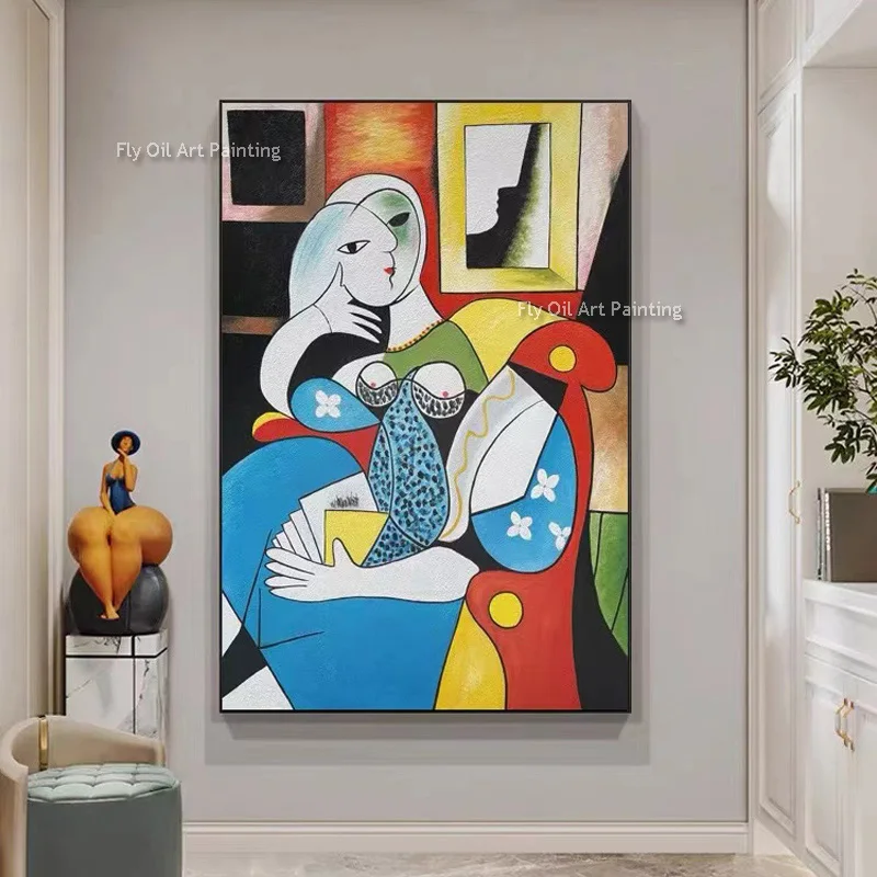 Abstract Special White Red Women Sitting Oil Painting Hand Drawn People Artwork Original Blue Yellow Elegance Women Wall Art