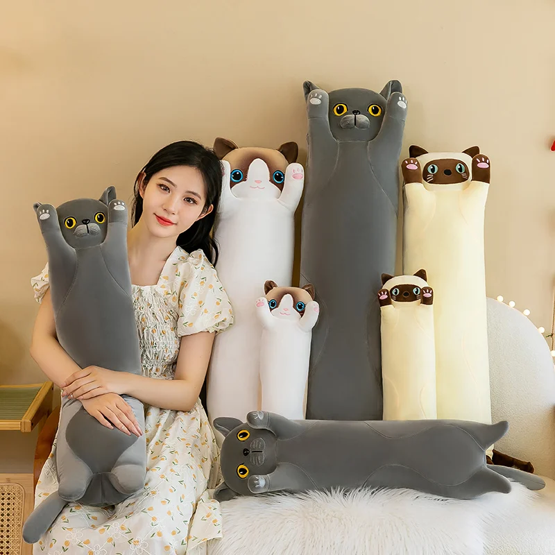 50-130cm Giant Gray Long Cat Plush Pillow Kawaii Soft Stuffed Toy Plushies Squishy Sofa Cushion Decor Birthday Gifts For Girls