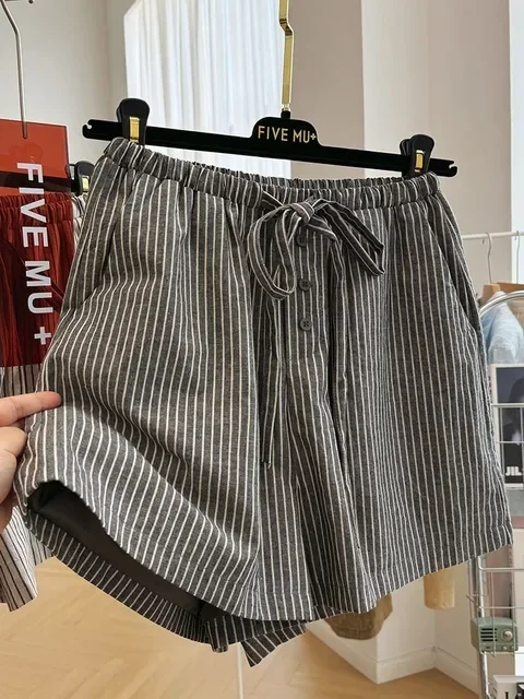 Zomer Pantalones Cortos De Mujer Casual Gestreepte Rechte Shorts Voor Vrouwen 2025, Nieuwe Bodems Bandage Mode Wijde Pijpen Broek