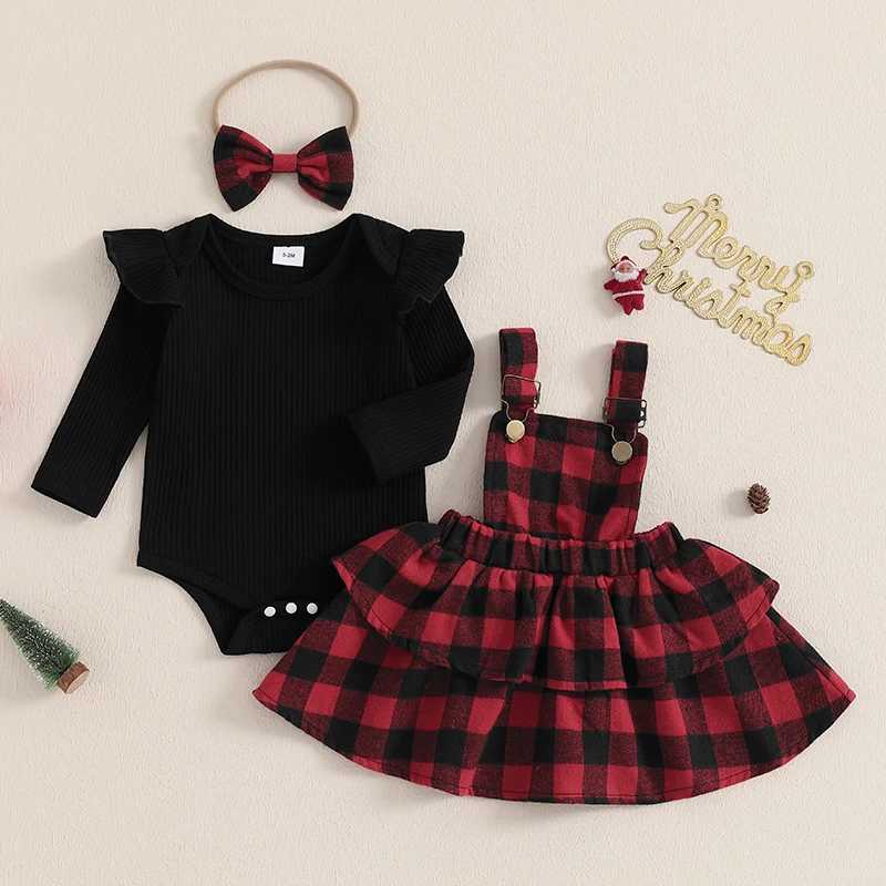 Baby Girls Fall Outfit Christmas Round Neck Long Sleeve Romper and Plaid Suspender Skirt Cute Headband 3 Piece Clothes Set