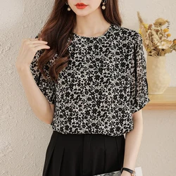 Women Summer Simplicity Elegant Floral O-neck Short Sleeve Shirts Women Clothes Casual All-match Appear Thin Temperament Tops