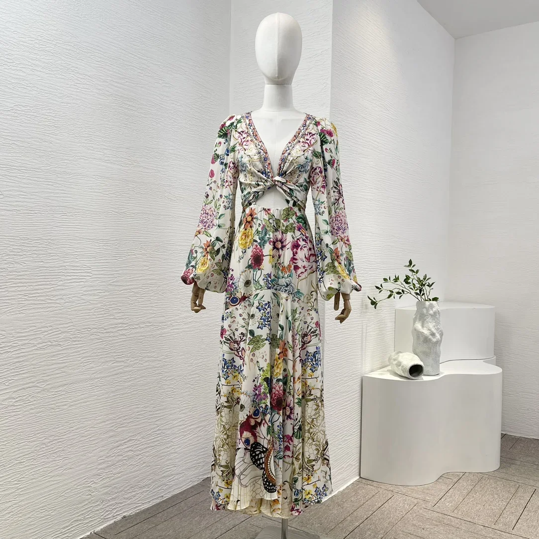 

New Multicolor Floral Butterfly Print Full Sleeve Self Tie Bow Cut Out Diamonds Pressed Women Silk High Quality Midi Dress