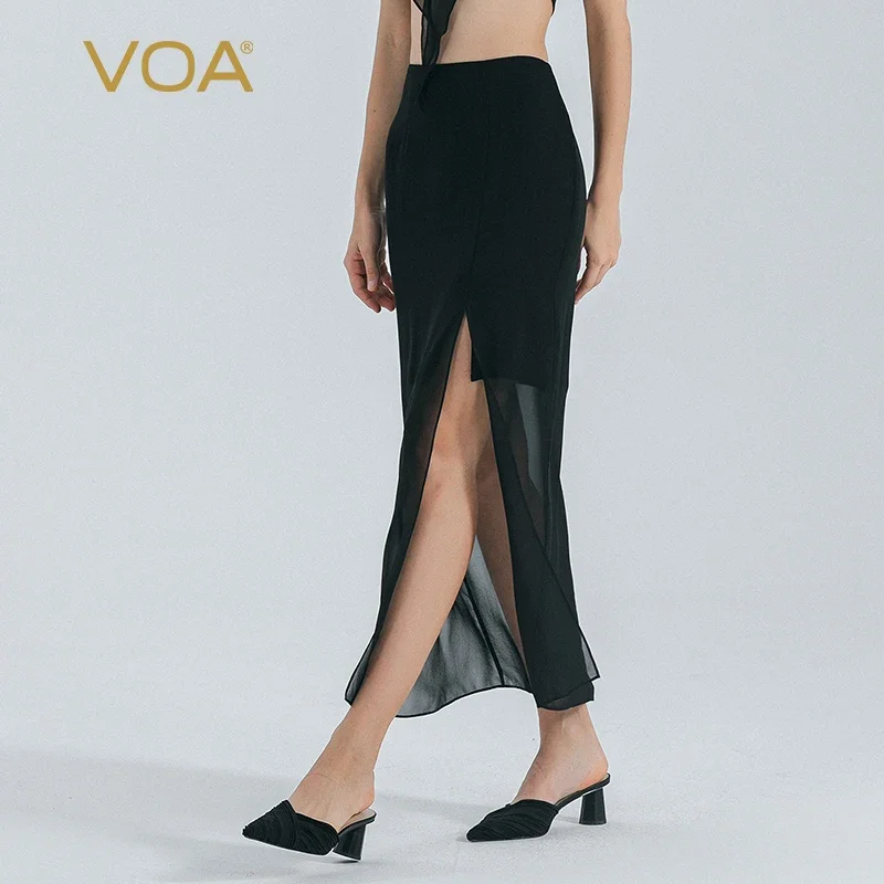 (Fans Exclusive Discount) VOA Heavyweight Real Silk Korean Fashion Skirts Natural Waist Splice Georgette Gauze Skirt CE198