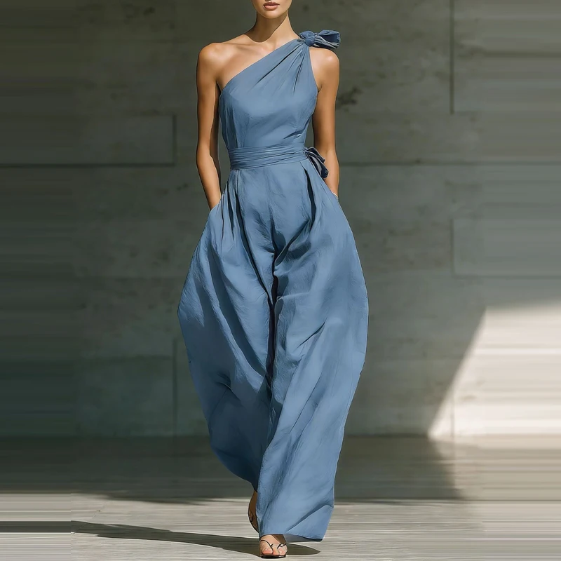 

Casual Sleeveless Wide Leg Party Playsuit Sexy Slanted Shoulder Draped Long Jumpsuits Women Fashion Lace-Up Hight Waist Rompers