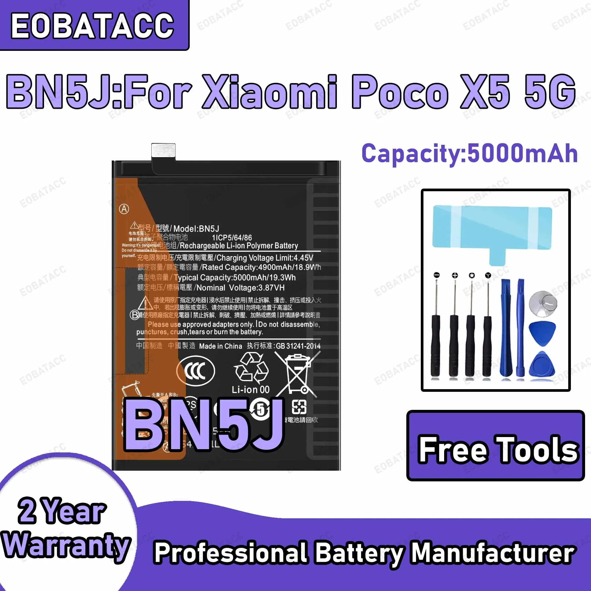 5000mAh BN5J Ersatzakku für Xiaomi Poco X5 5G Reparaturwerkzeug-Set