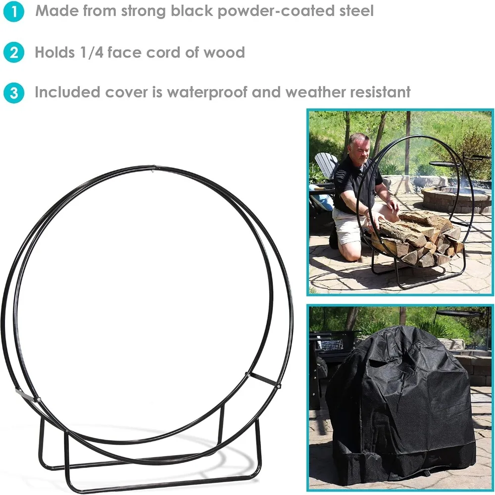 Outdoor Firewood Log Rack Hoop and Cover Set - Powder-Coated Steel Round Firewood Rack and PVC Cover - Black - 40-Inch