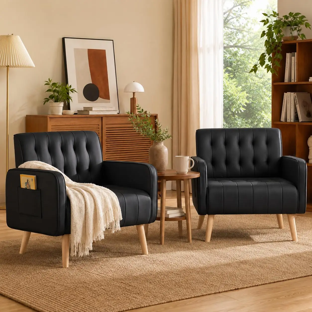 Leather Accent Chair Set of 2 with Wooden Legs for Living Room, Customized