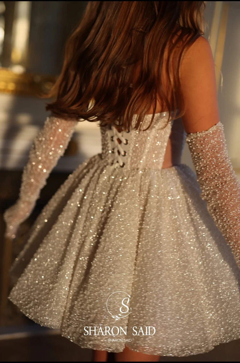 Sharon Said Modern Short Mini Strapless Corset Wedding Dress Sparkly Pearl Glitter A-line Reception Party Gown SW107 Customized