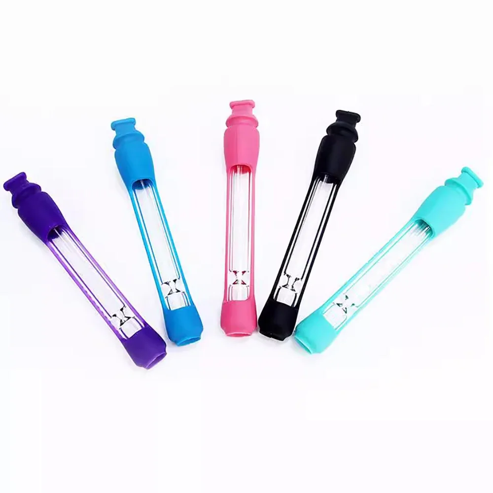 Dry Herb Smoking Durable Silicone Sleeve Glass Pipe Water Drinking Straw Tobacco Tube Transparent Cigarette Tube Holder