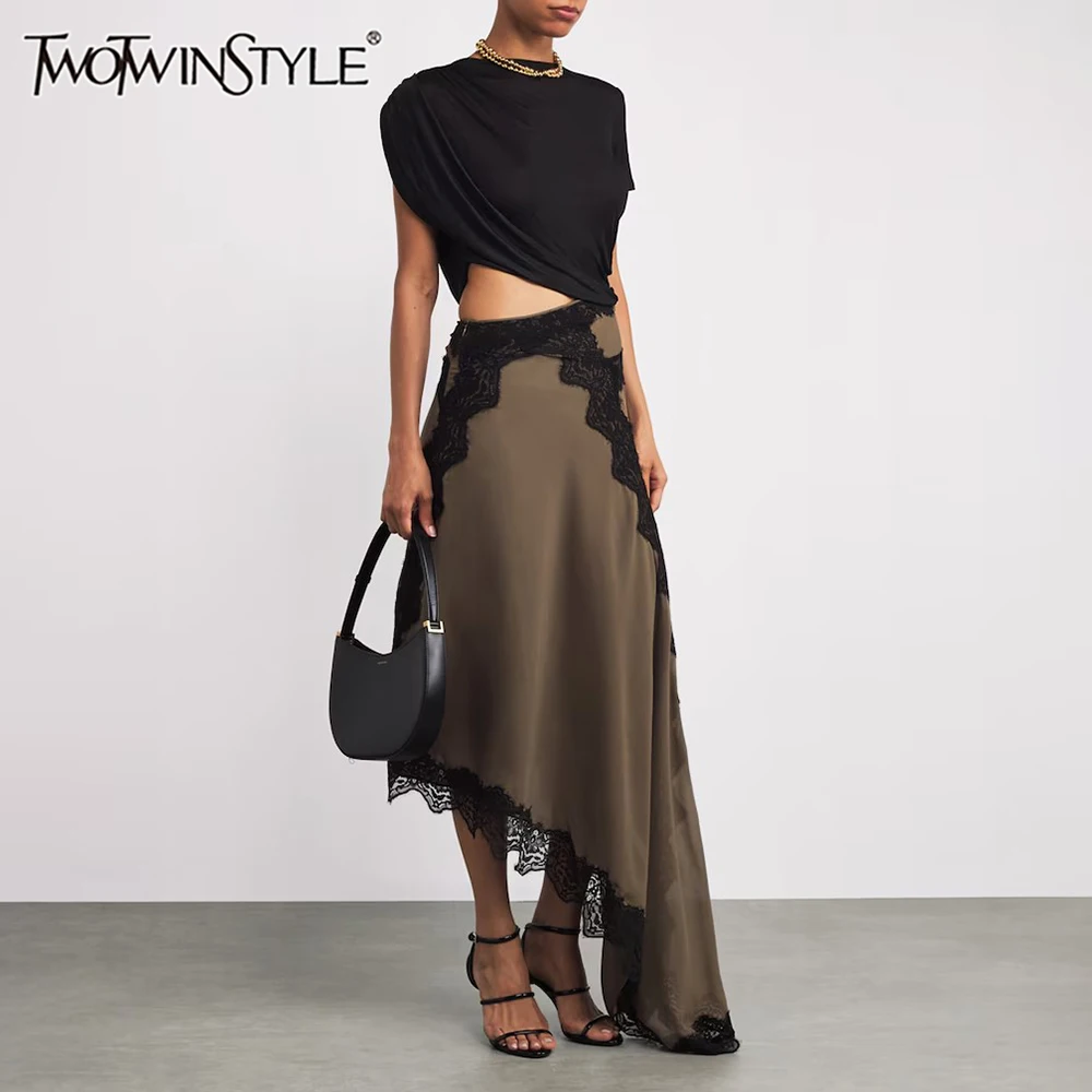 TWOTWINSTYLE Hit Color Spliced Lace Irregular Dresses for Women Round Neck Sleeveless Bare Midriff Fashion Dress Female Clothing