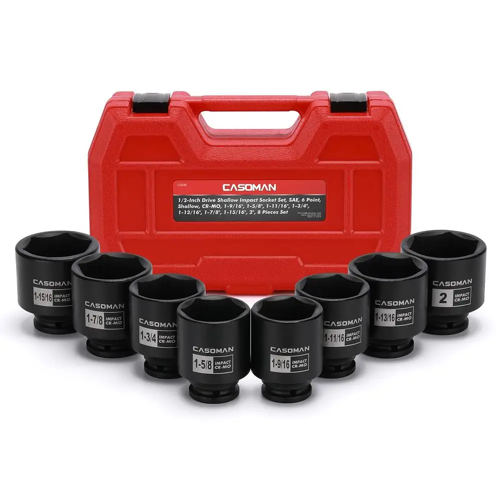 6 Point 1/2-Inch Drive Shallow Impact Socket Set 8 Piece CR-MO Steel Nut Socket Set 1-9/16