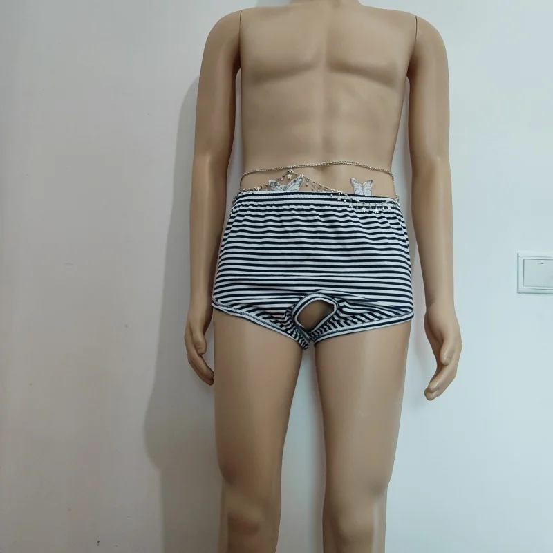 

Adult Comfortable Soft Pure Cotton ABDL Printed Home Striped Briefs, Sexy Men Couple Open-crotch Pants Fetish Erotic Costumes ﻿