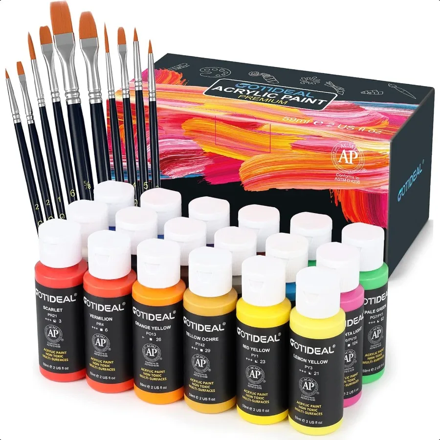 

GOTIDEAL Acrylic Paint Set with 10 Brushes 18 Colors 59ml 2 oz Art Craft Paint Non Toxic Perfect for Hobby Painters Artist Adul