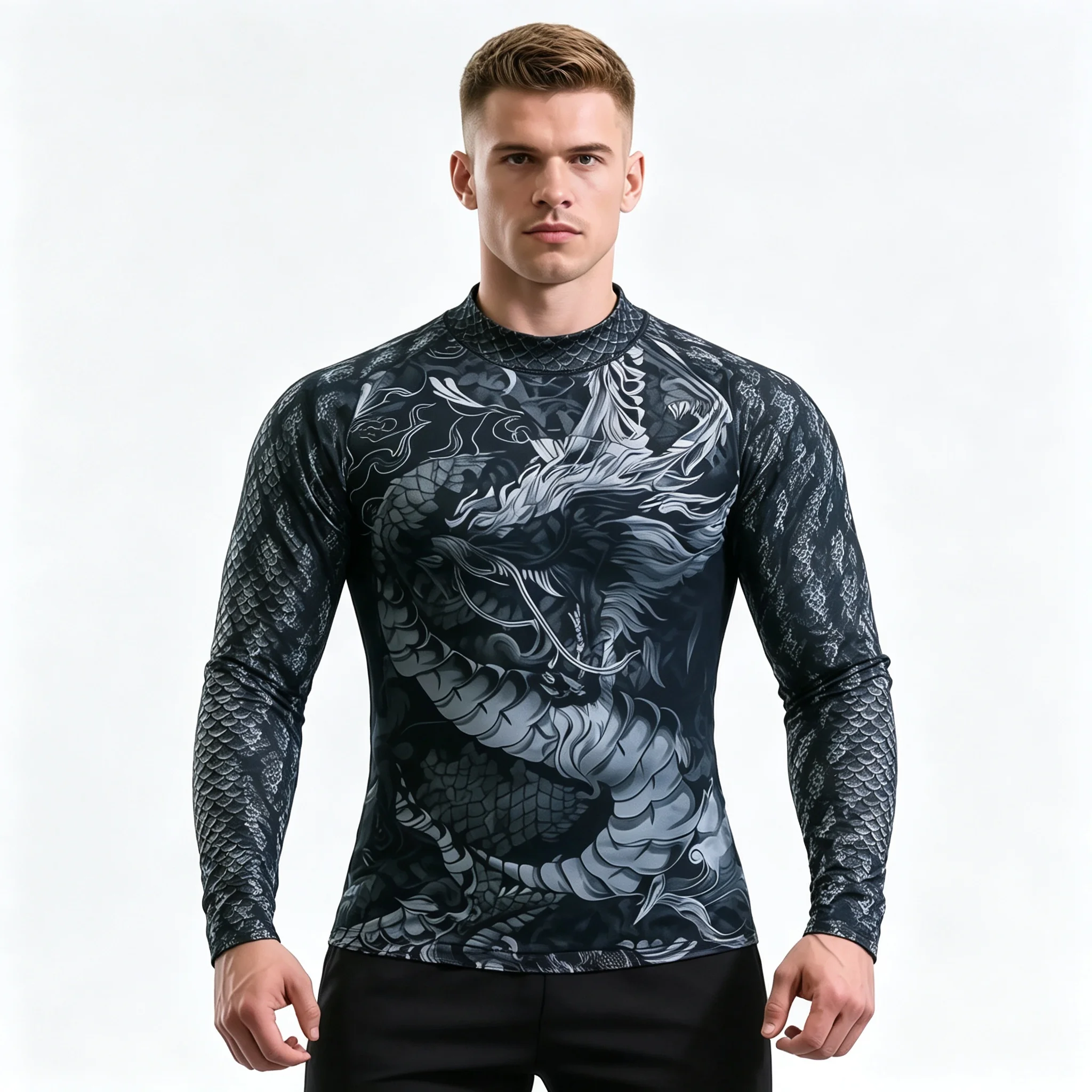 Men's Half High Neck Compression Long Sleeve Shirt Grey Dragon Print Quick Dry Gym Workout MMA Rash Guard Athletic Training Top