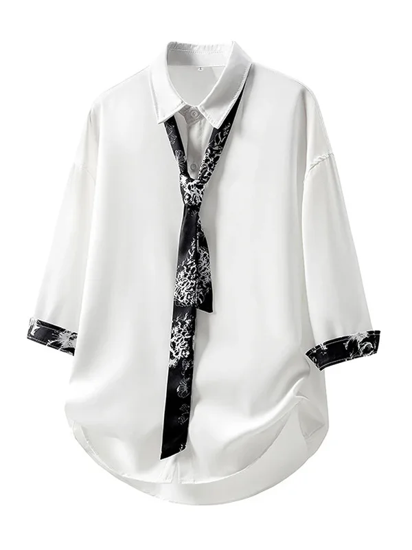 

Ice Silk Men's Shirt Half Sleeve Design Summer Cool Feeling Floral Patchwork Collar Tie Seven Sleeve Loose Fit Regular Length