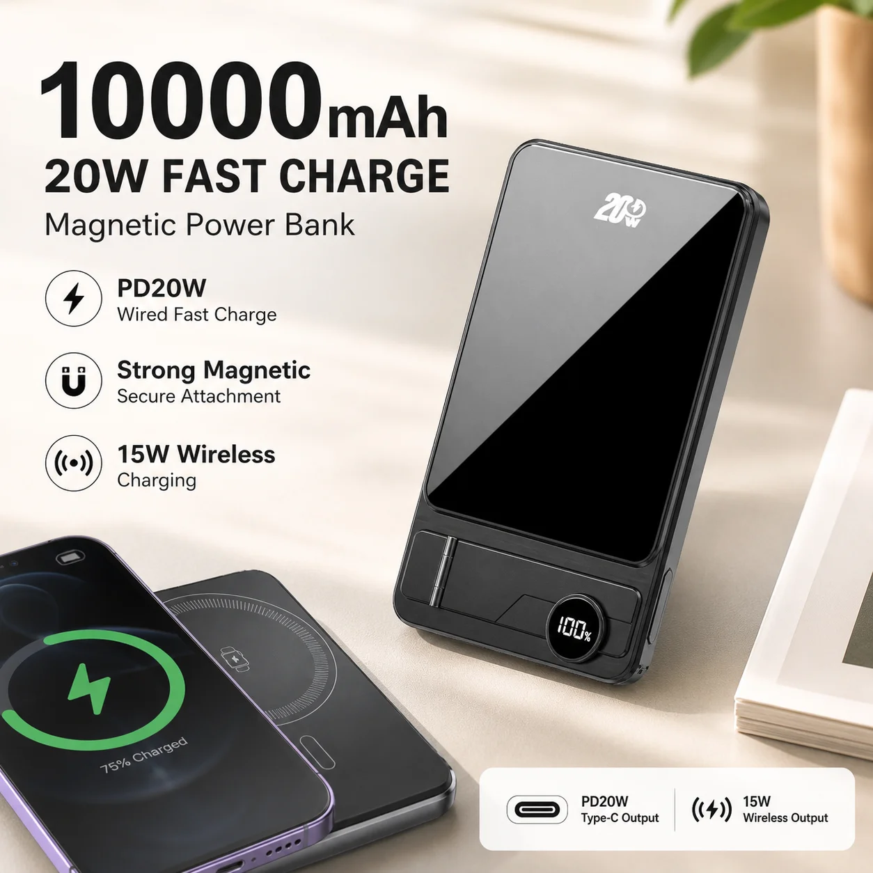 10000mAh Magnetic Wireless Power Bank 20W Fast Charging Portable Charger Battery Pack for iPhone Samsung Xiaomi iWatch