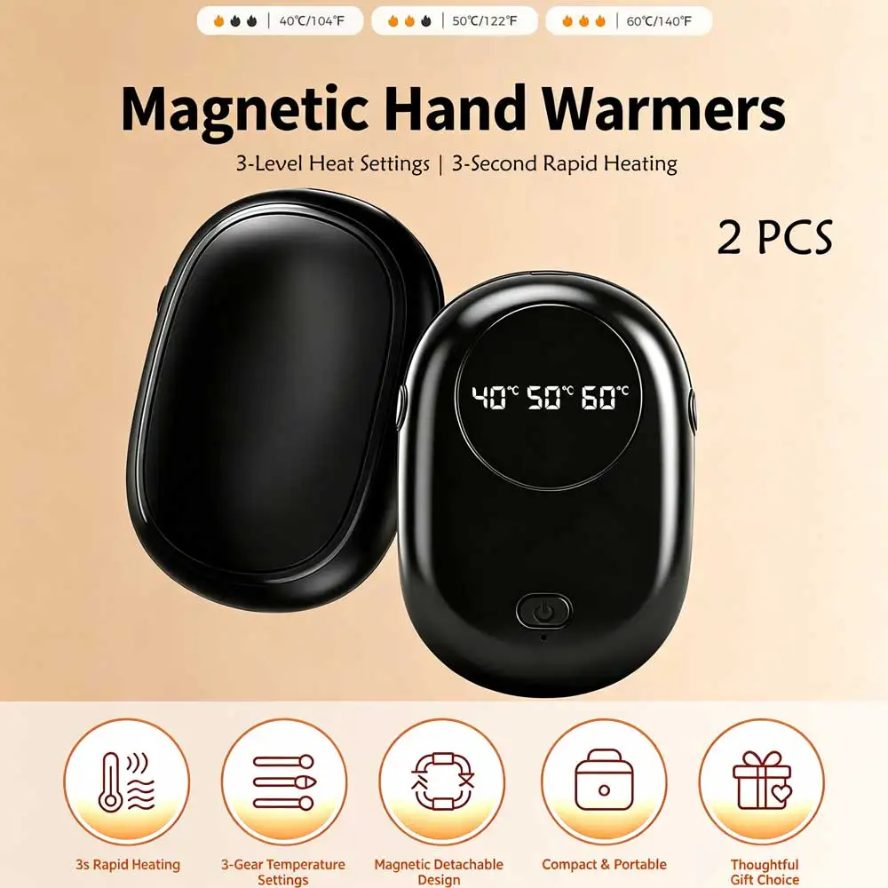 2 scaldamani magnetici ricaricabili, scaldamani elettrico con 3 livelli di riscaldamento, riscaldamento rapido in 3 secondi, scaldamani portatile da tasca, per donne e uomini, ideale per attività