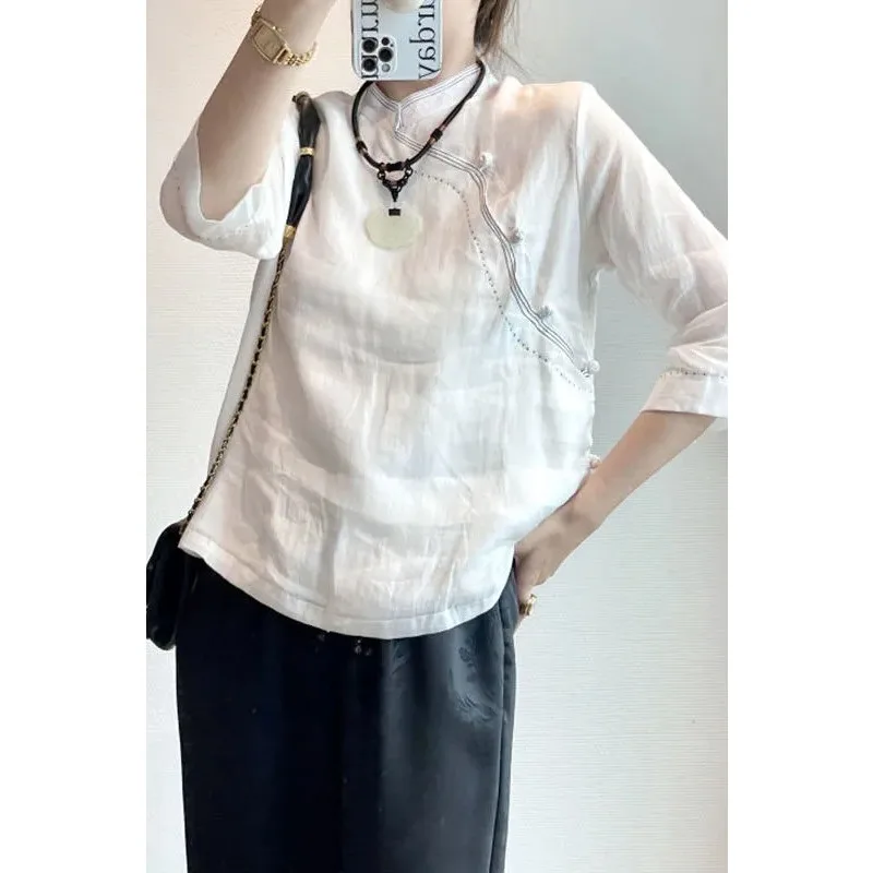 

Женская блузка в китайском стиле из хлопка и льна с воротником-стойкой, на боковых пуговицах, с рукавом 3/4, свободного кроя, повседневная, белая