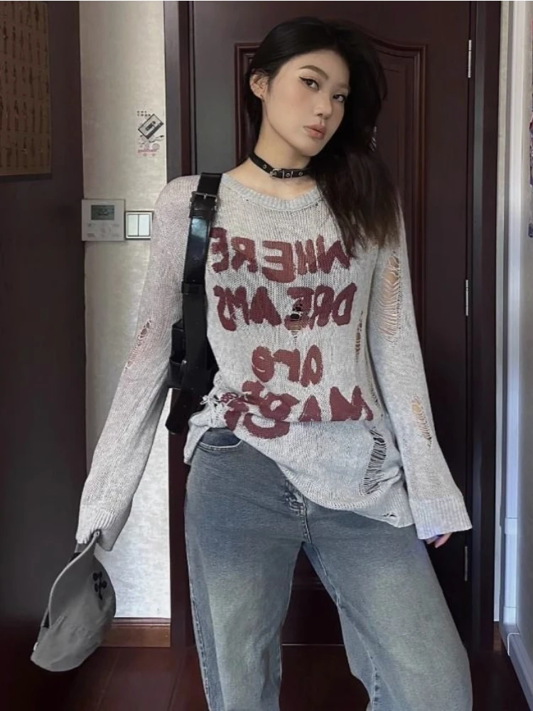 Deeptown Vintage Hollow Out Knitted Sweater Women Y2K Grunge Kpop Oversized Jumper Harajuku See Through Thin Knitwear Tops 2000s