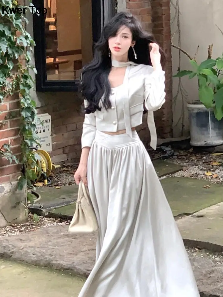 Women's Autumn New Elegant Skirt 2 Piece Sets Korean Fashion Button Blazer High Waist A-line Skirts Suit Y2k Outfits Clothes