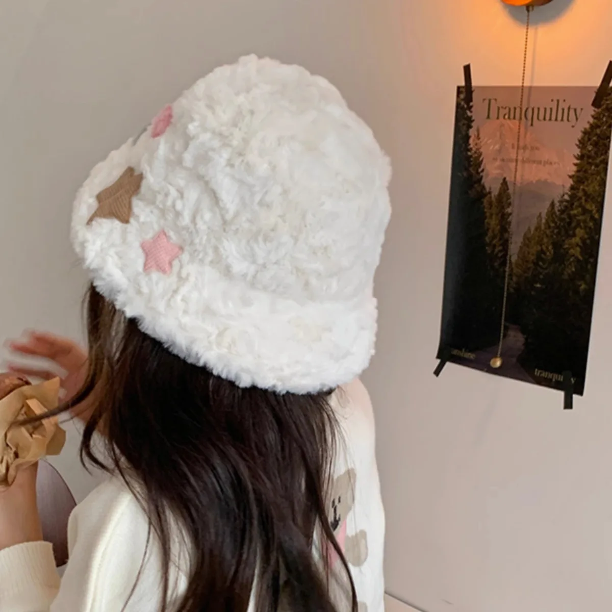 Winter Hat 2023 Fashion Women Hat Star Pattern Lamb Hair Girls Hat Thickened Outdoor Women's Cute Panama Flat Sun Hat Bucket Hat