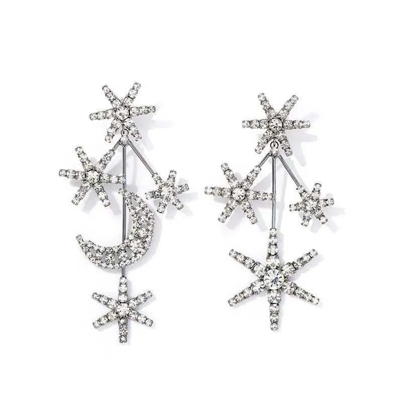 Fashion Shiny Rhinestone Star Moon Style Dangle Earrings for Women Jewelry Novelty Party Show Statement Accessories