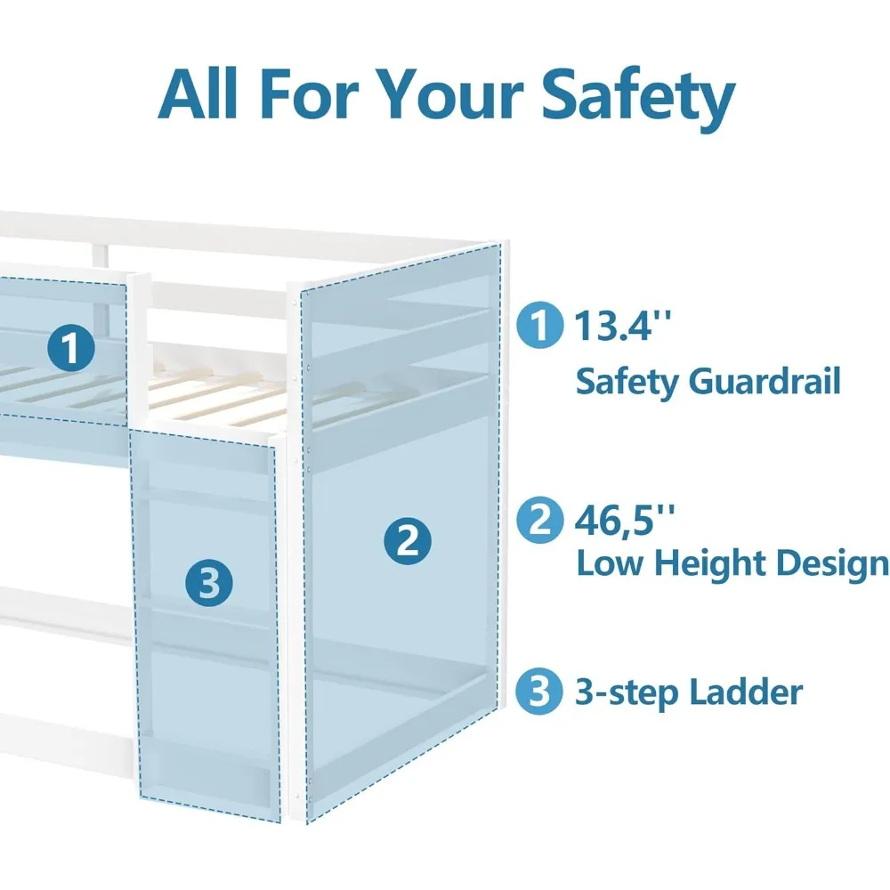 Twin stapelbedframe met ladder en reling over de volledige lengte, capaciteit van 400 LBS, eenvoudig te monteren, stapelbedframe op de lage vloer