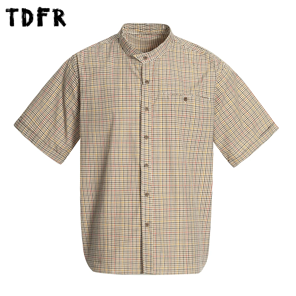 Camisas de manga curta xadrez pequena masculina retro casual verão gola único breasted solto meia manga camisas de algodão masculino