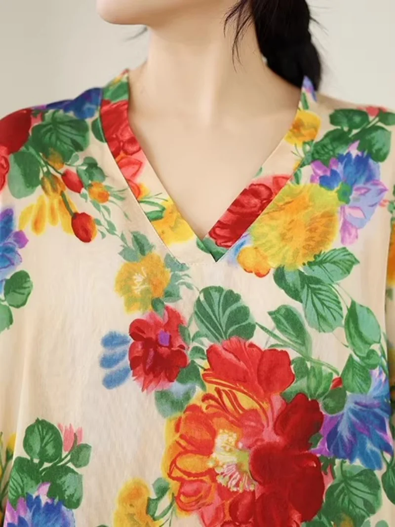 여성용 오버사이즈 루즈핏 드레스 |   면 린넨 브이넥 배트윙 슬리브 |   여름용 꽃무늬 비치 바캉스 드레스 w1885