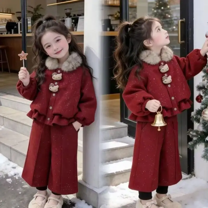 

Sanrio Hello Kitty Winter Outfit Set Fleece Lined For Girls New Year Holiday Celebration Fashionable Thickened Warm Two Piece