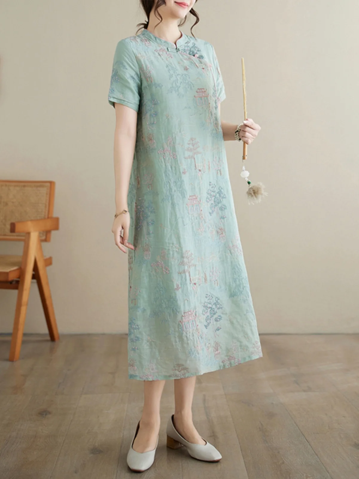 ชุดกี่เพ้าสไตล์จีนโบราณ ปักลายหนัก งานประณีต กระโปรงยาวทรงหลวม ผ้าฝ้ายบางเบาสำหรับฤดูร้อน หรือชุดเดรสยาว