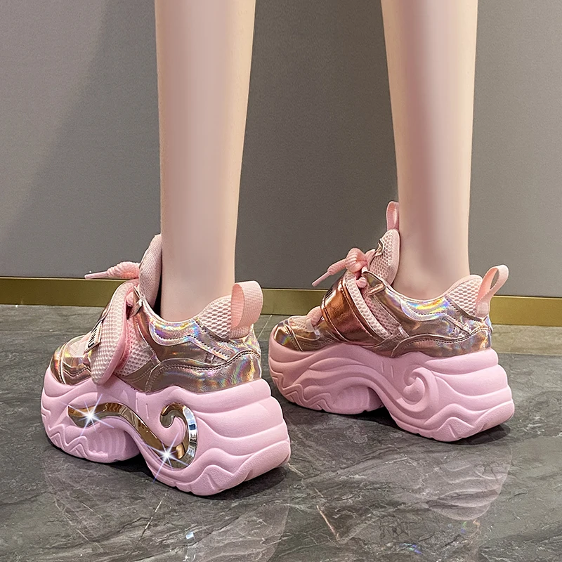 Summer Shiny Sequins Chunky Platform Sneakers Women Breathable Lace Up Height Increase Shoes Woman Fashion Cute Pink Sneakers