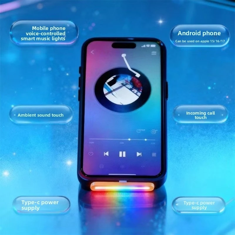 For Android & iPhone 15+, Type‑C Smart Music Sound‑Activated Colorful Gaming RGB Atmosphere Decor Light, Desktop & Car Decor