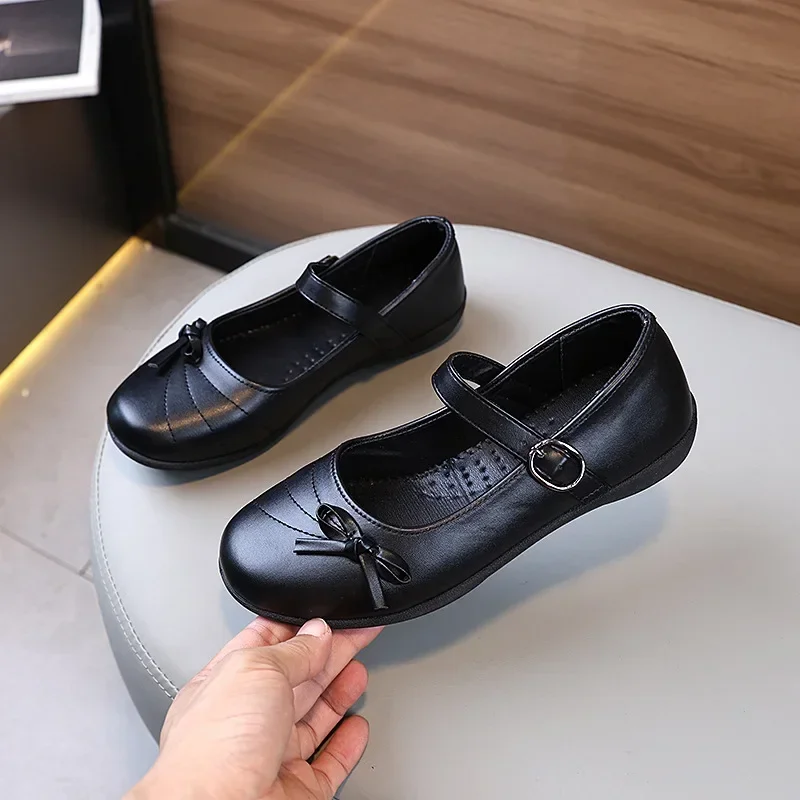 New Girls Party Dresses Leather Shoes Black Versatile Children's Flats for School Performance Fashion Kids Formal Uniform Shoes