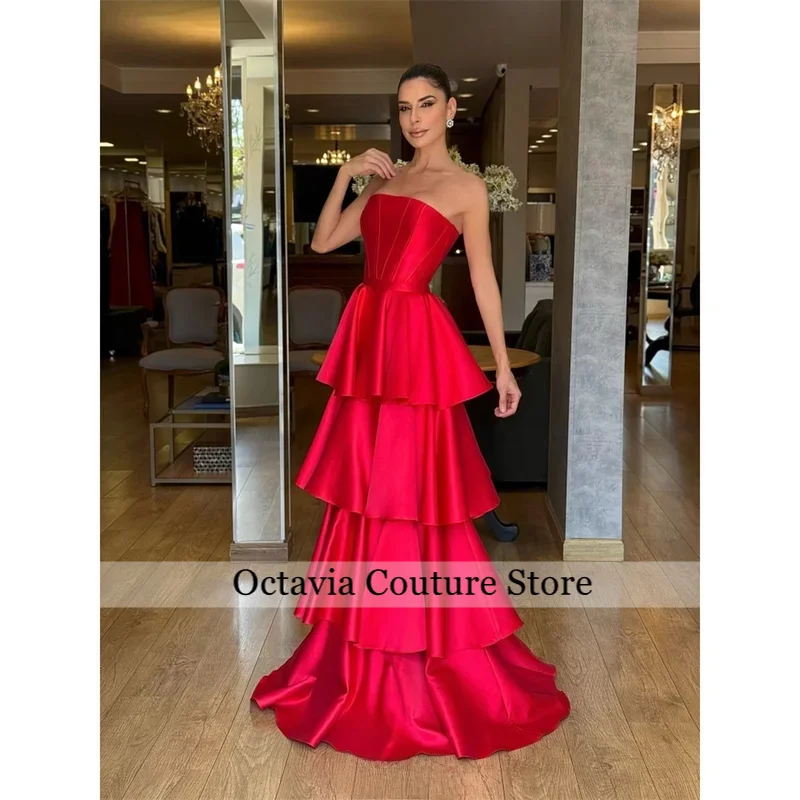 

Customize Red Layered Satin A-line Prom Dress Simple Strapless vestidos de noiva Elegant Floor-length Evening Dresses 2025