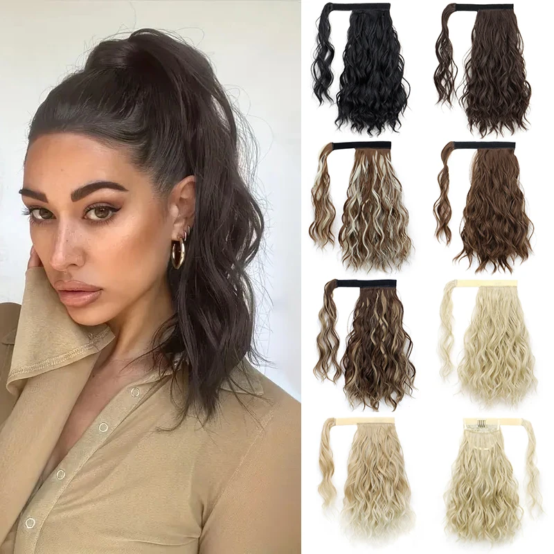 14Inch Synthetic Curly Wrap Around Clip in Ponytail Blonde Brown Short Hairpiece Fake Hair Extension  for Women