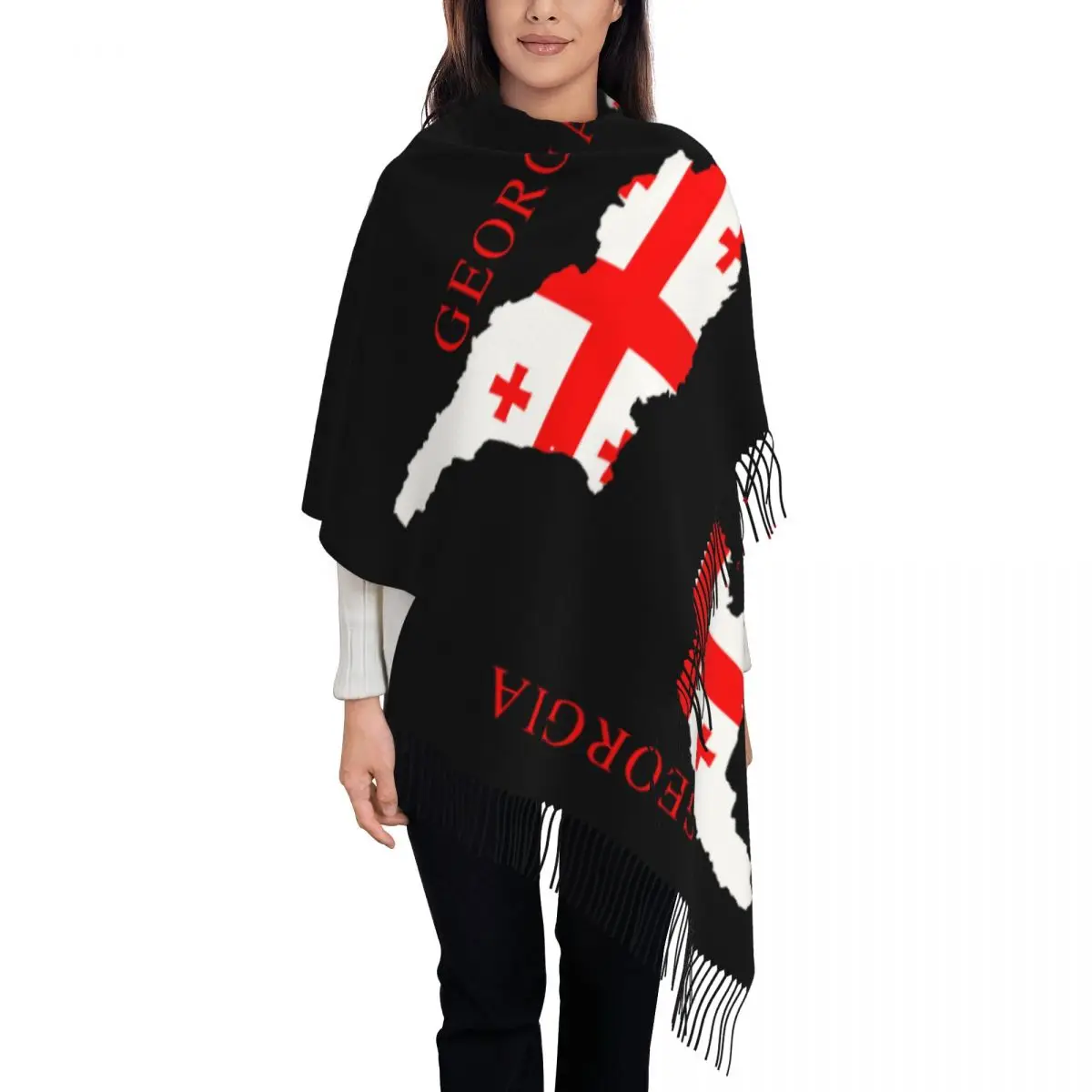 

Georgia Country Map Flag Shawl Wrap for Women Winter Warm Long Soft Scarf Pashminas Tassel Scarves