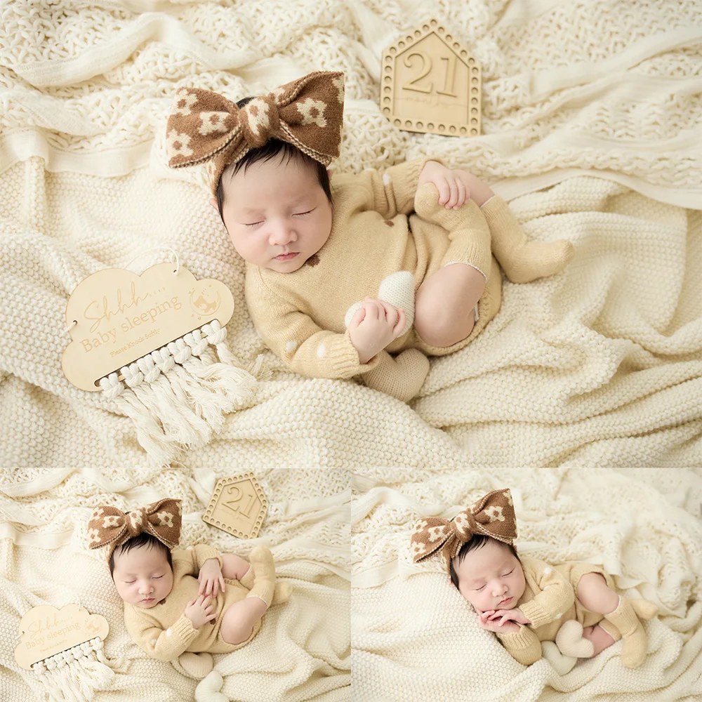 Baby Costume Newborn Photography Props Knit Bodysuit+Bow+Socks Set Love Wooden Sign Accessories Baby Home Style Art Photo Props