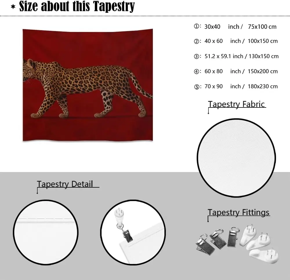 Leopard Tapestry - Red Background, Animal Wall Art, Living Room Bedroom Decor, Multiple Sizes
