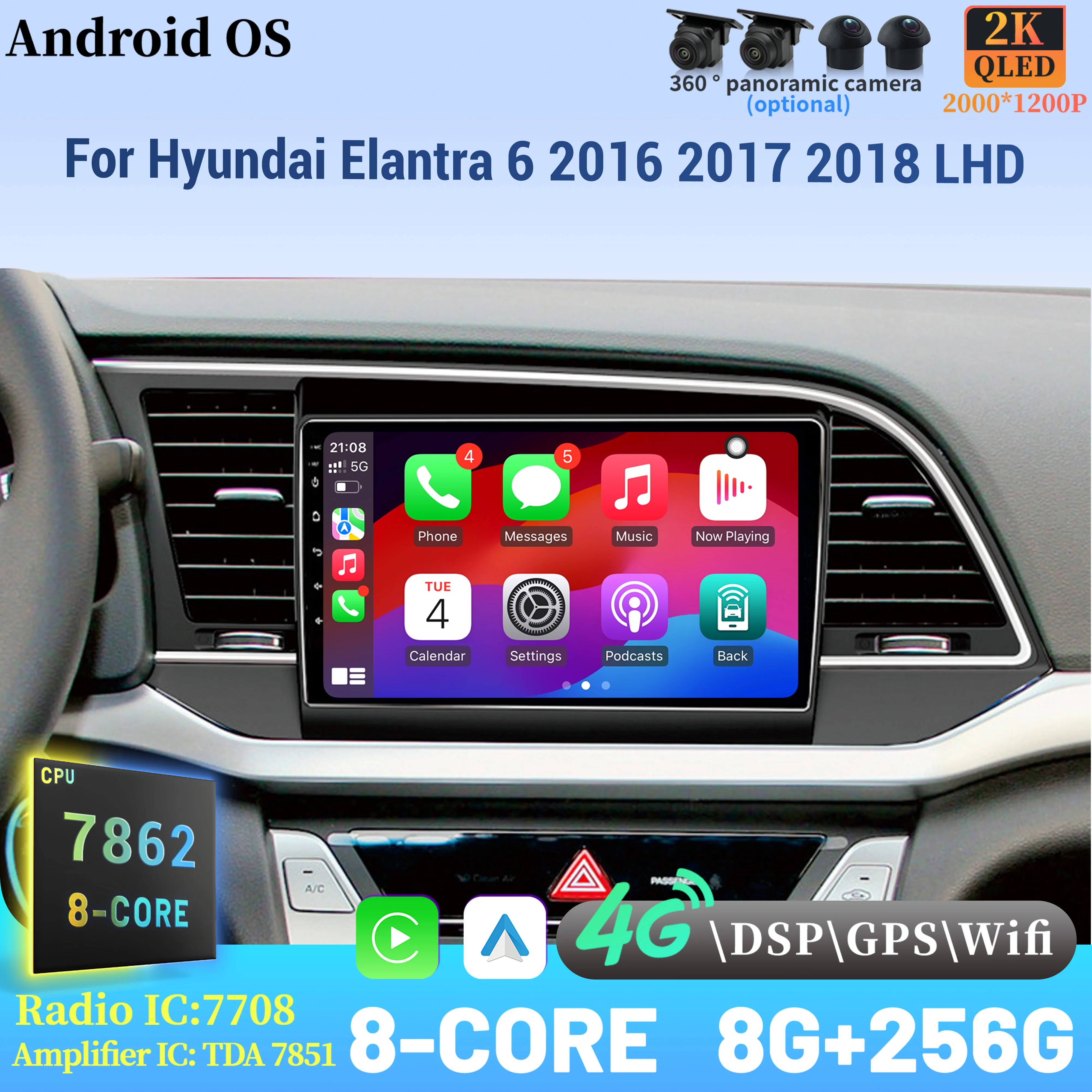 

Car Radio Android 14 For Hyundai Elantra 6 2016 2017 2018 LHD Navigation Multimedia Wireless BT Carplay Touch 2K QLED Screen