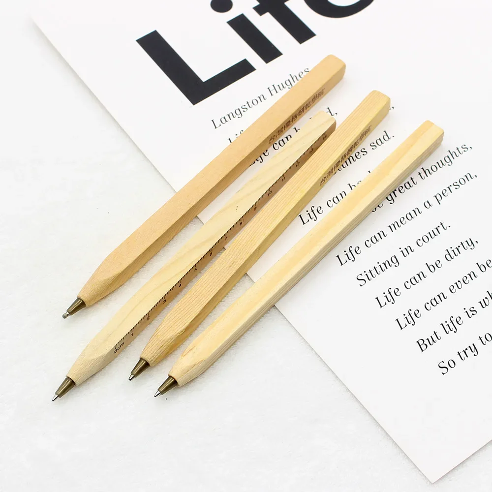 50PCS Environmental Protection and Natural Degradation Solid Wood Ballpoint Pen with Scale Wood Square Pen Stationery